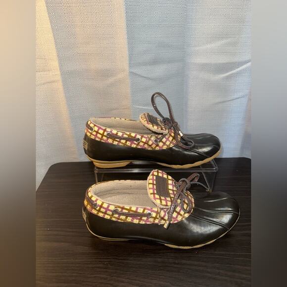 Sperry Top Sider Low Duck Boots Size 7 Pink Brown Plaid Waterproof Rain Shoes - Picture 1 of 7